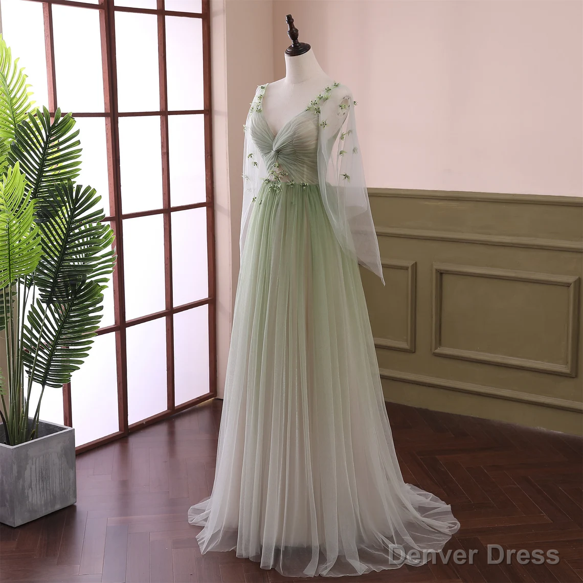 Beautiful Gradient Tulle Green Beaded Long Sleeves Prom Dress, Green Prom Dresses