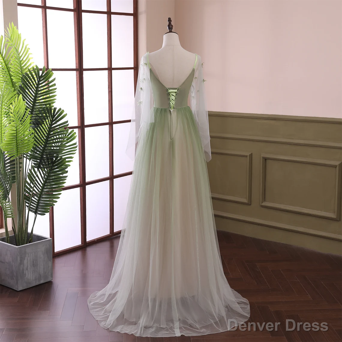 Beautiful Gradient Tulle Green Beaded Long Sleeves Prom Dress, Green Prom Dresses