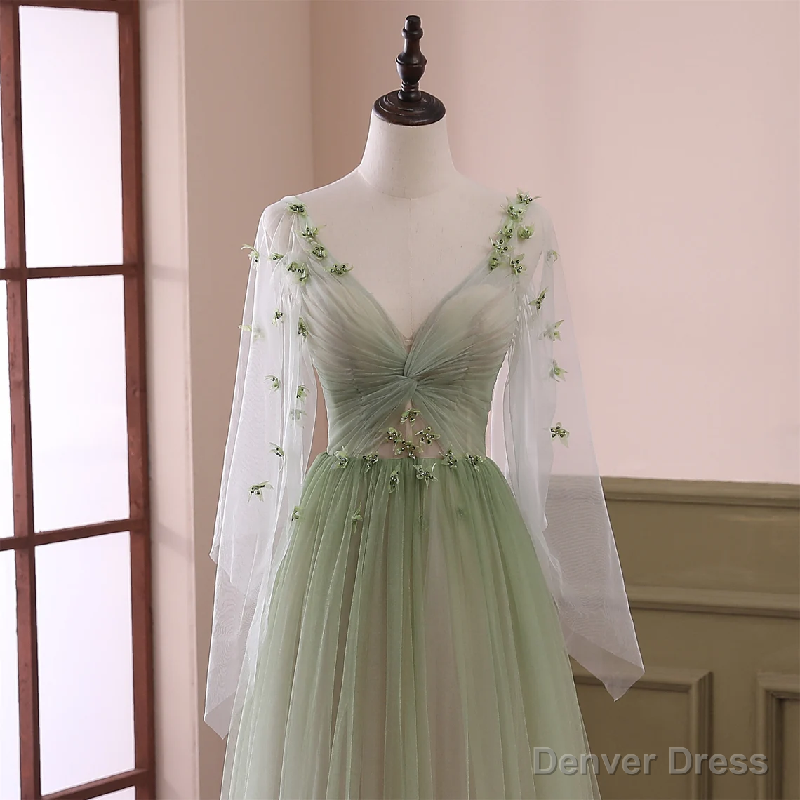 Beautiful Gradient Tulle Green Beaded Long Sleeves Prom Dress, Green Prom Dresses