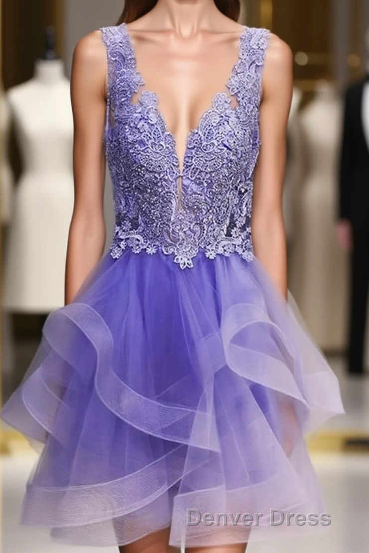 Purple Lace V-Neckline Short Homecoming Dresses, Purple Short Prom Dresses Main image