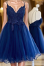 Dark Blue V Neck Short Prom Dresses With Beads Appliques,Blue Homecoming Dresses
