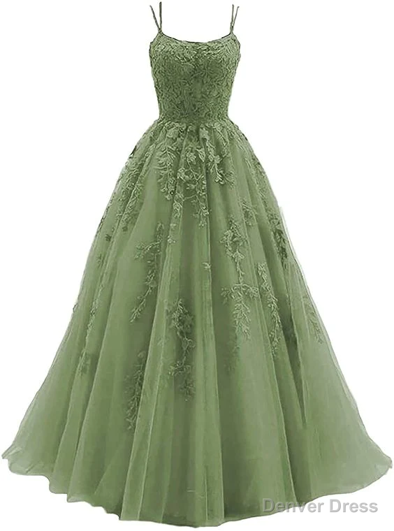 Green Lace Applique Tulle Long Straps Cross Back Long Party Dress, Green Junior Prom Dress Main image