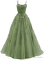 Green Lace Applique Tulle Long Straps Cross Back Long Prom Dress, Green Junior Prom Dresses