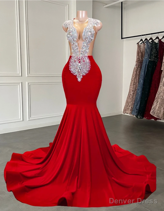 Elegant Sheer Scoop Neckline Luxury Sparkly Silver Handmade Diamond Red Spandex Black Girl Mermaid Long Prom Dresses Main image