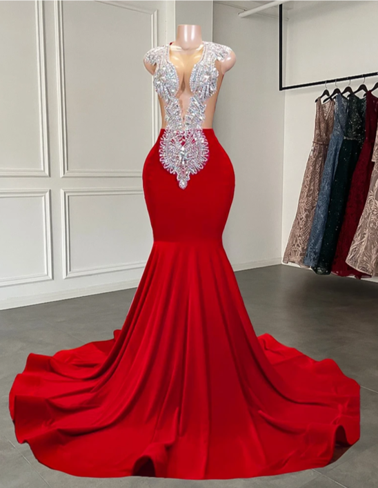 Elegant Sheer Scoop Neckline Luxury Sparkly Silver Handmade Diamond Red Spandex Black Girl Mermaid Long Prom Dresses