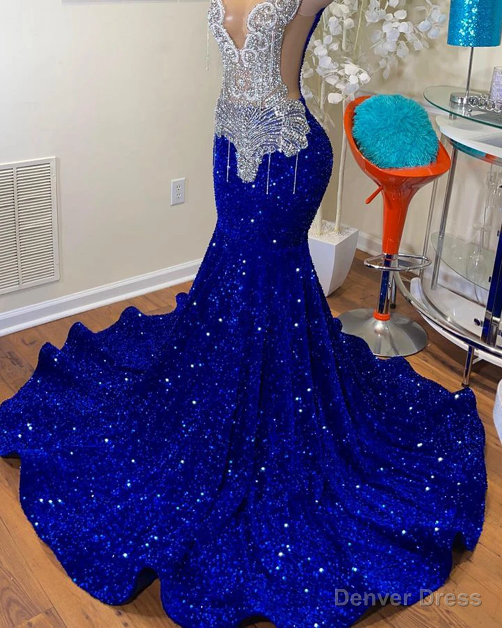 Mermaid Style Royal Blue Long Prom Dresses,Luxury Sparkly Crystals Diamond Black Girls Main image