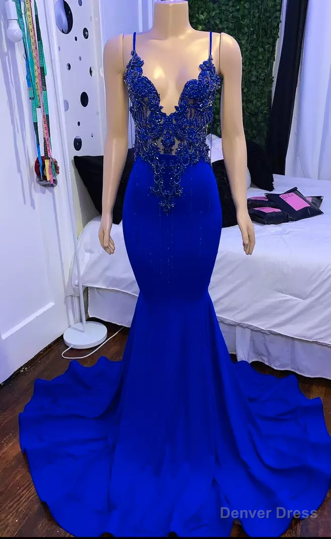 Mermaid Blue long Prom Dress Dress, Satin Lace Sleeveless prom Dresses Main image