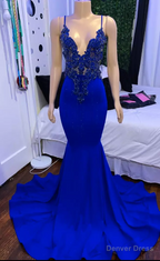 Mermaid Blue long Prom Dress Dress, Satin Lace Sleeveless prom Dresses