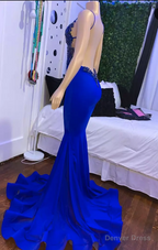 Mermaid Blue long Prom Dress Dress, Satin Lace Sleeveless prom Dresses