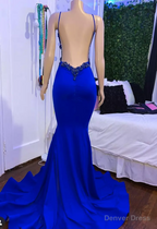 Mermaid Blue long Prom Dress Dress, Satin Lace Sleeveless prom Dresses