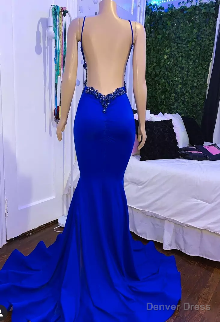 Mermaid Blue long Prom Dress Dress, Satin Lace Sleeveless prom Dresses
