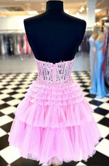 Strapless Sheer Lace Corset Homecoming Dress with Ruffle Tulle Skirt