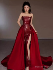 Sexy Mermaid Strapless Sleeveless Party Dress Red Long Prom Dress