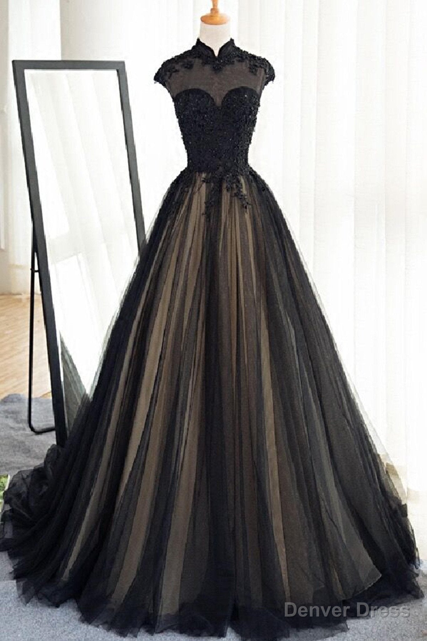 Black Tulle Cap Sleeves Floor Length Long Prom Dresses, Luxury Dresses Secondary image