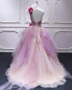 Puffy One Shoulder Sleeveless Tulle Prom Dress with Flowers, Ruffles Quinceanera Dresses