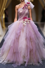 Puffy One Shoulder Sleeveless Tulle Prom Dress with Flowers, Ruffles Quinceanera Dresses