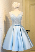 Sky Blue A Line V Neck Short Prom Dresses, Appliques Lace Homecoming Dresses