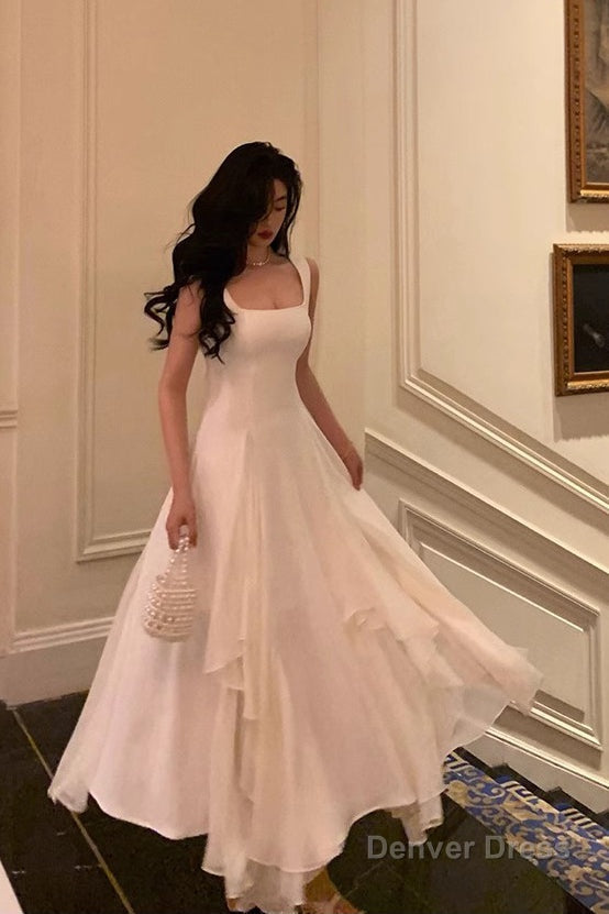 A Line Square Neck Prom Dresses, Ankle Length Elegant Prom Gowns