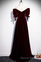Modest Burgundy Long Prom Dresses with Short Sleeves Vintage Prom Gowns