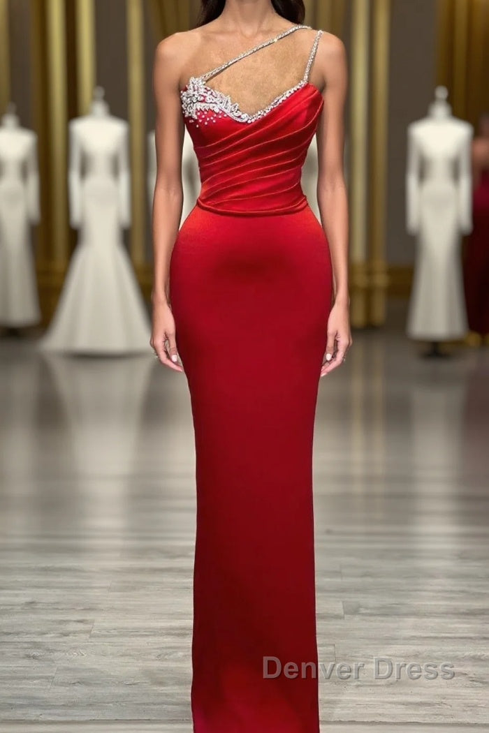 Red Long Mermaid One Shoulder Satin Prom Dresses With Beadings Sleeveless Main image