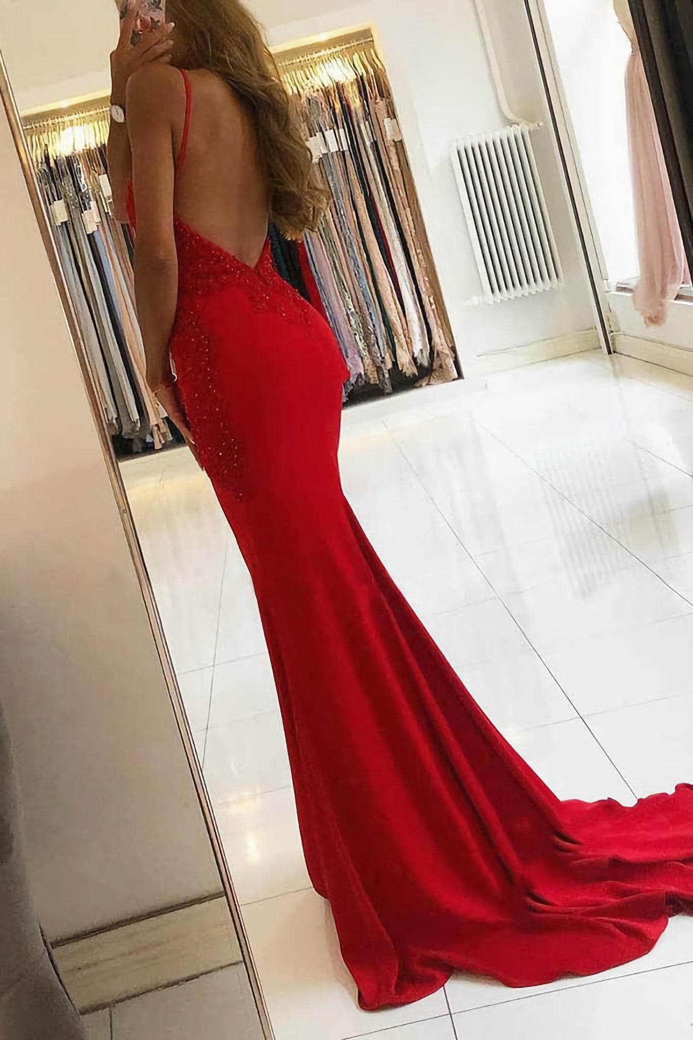 Red Mermaid Beaded Lace Prom Dresses Backless Prom Gowns