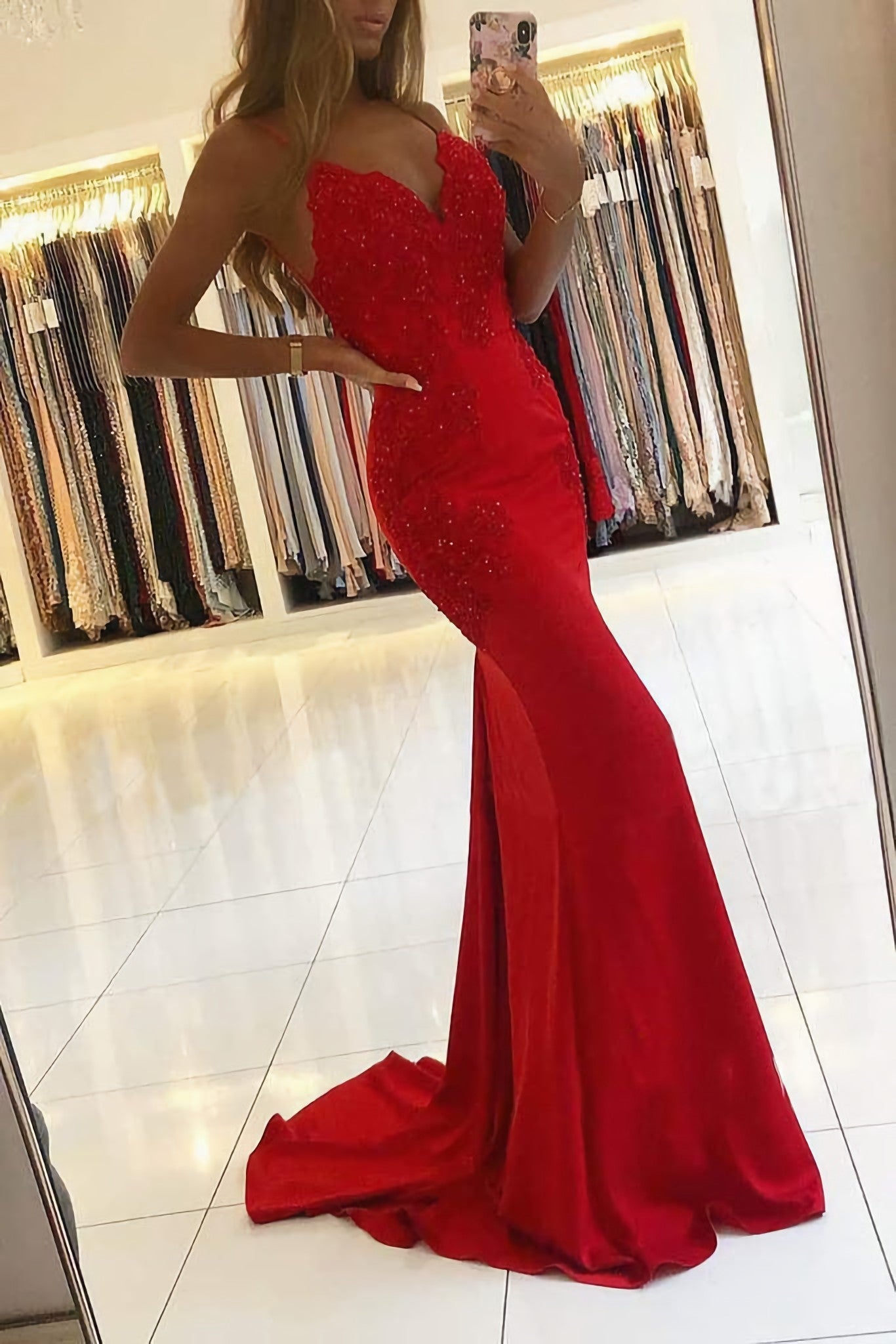 Red Mermaid Beaded Lace Prom Dresses Backless Prom Gowns