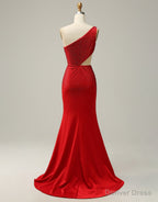Red Mermaid One Shoulder Long Glitter Prom Dresses With Split
