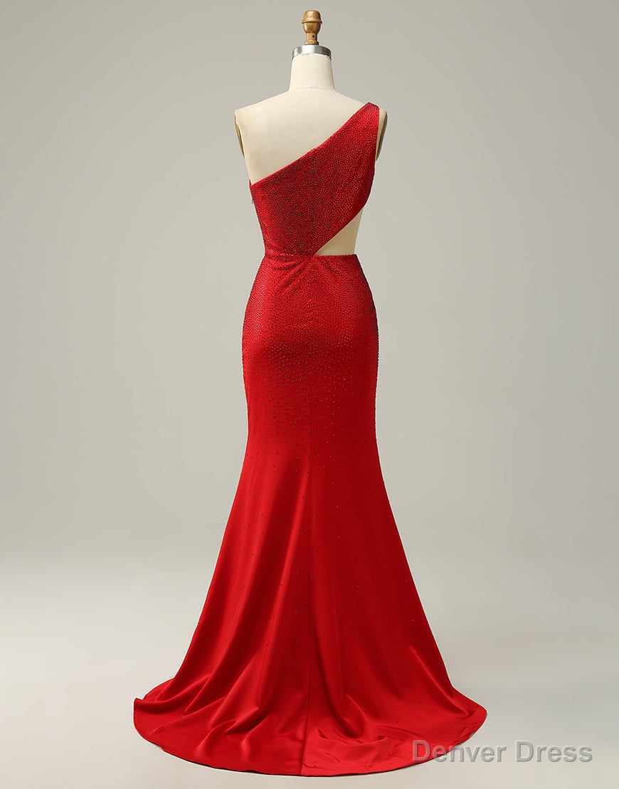 Red Mermaid One Shoulder Long Glitter Prom Dresses With Split