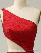 Red Mermaid One Shoulder Long Glitter Prom Dresses With Split
