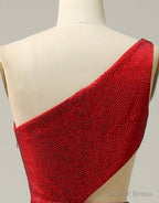 Red Mermaid One Shoulder Long Glitter Prom Dresses With Split