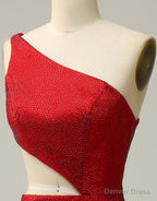 Red Mermaid One Shoulder Long Glitter Prom Dress With Split