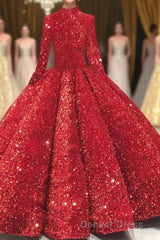 Glitter High Neck Open Back Lace Up Ball Gown Prom Dresses