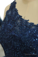 Dark Navy One Shoulder Appliques Multi Layers Tulle Homecoming Dresses