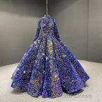 Glitter High Neck Open Back Lace Up Ball Gowns Prom Dresses