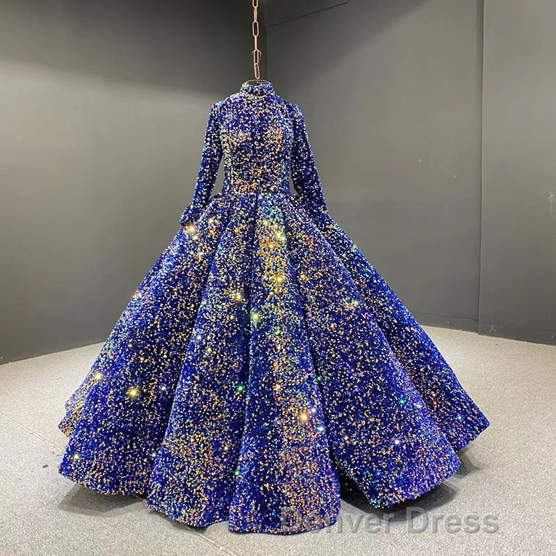 Glitter High Neck Open Back Lace Up Ball Gowns Prom Dresses