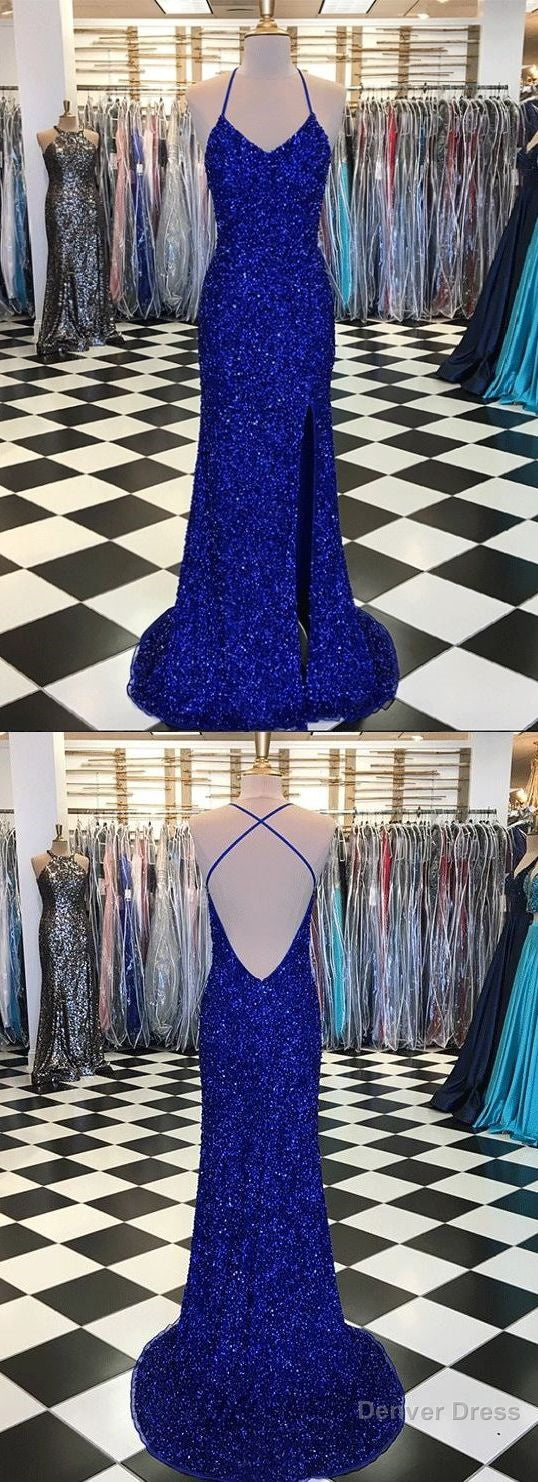 Royal Blue Sequin Long Sexy Sparkly Prom Dress Gown Low Back Evening Dress