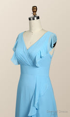 Blue Chiffon Ruffles Long Bridesmaid Dresses