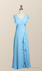 Blue Chiffon Ruffles Long Bridesmaid Dresses