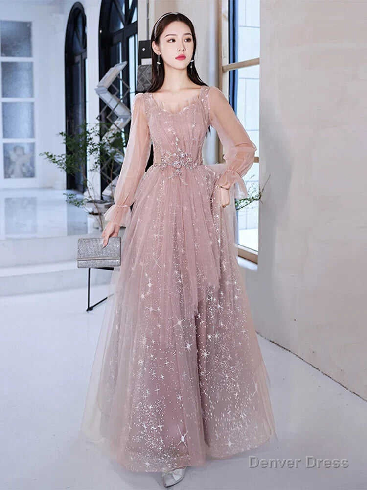 Pink Prom Gown Long Sleeves For Graudation Prom Shiny Star Glitter A Line Floor Length Tulle Women Prom Dresses