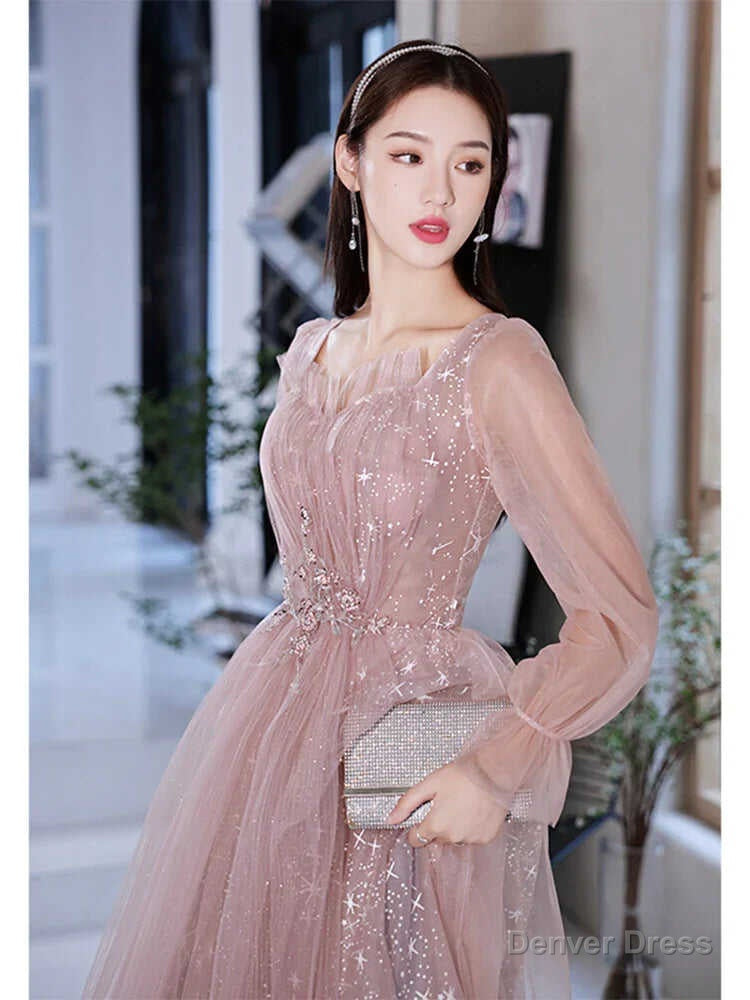 Pink Prom Gown Long Sleeves For Graudation Prom Shiny Star Glitter A Line Floor Length Tulle Women Prom Dresses