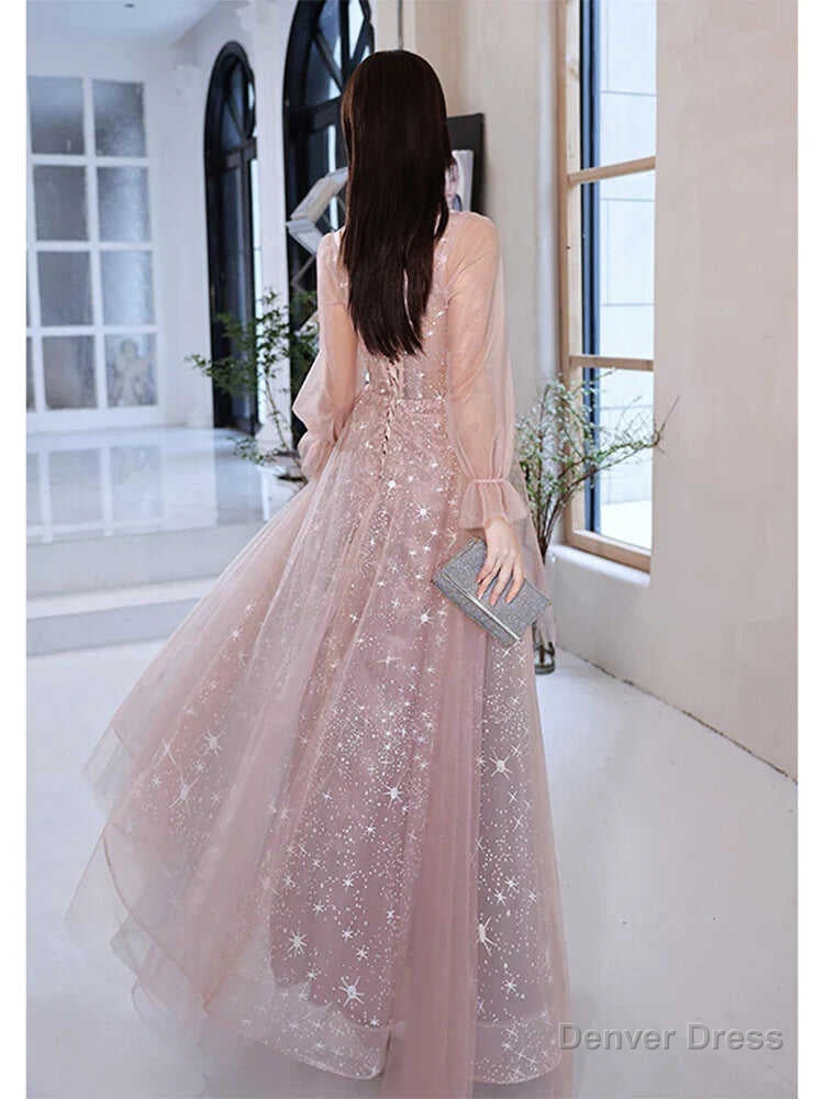 Pink Prom Gown Long Sleeves For Graudation Prom Shiny Star Glitter A Line Floor Length Tulle Women Prom Dresses
