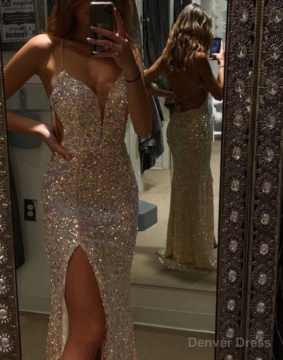 A Line V Neck Prom Dress With Split Prom Dresses