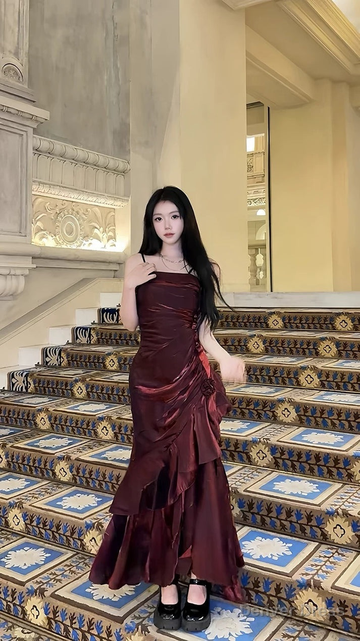 Mermaid Spaghetti Straps Prom Dress Burgundy Prom Dresses