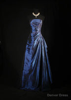 Vintage Ball Gown Strapless Navy Blue Satin Long Prom Dresses Party Dress
