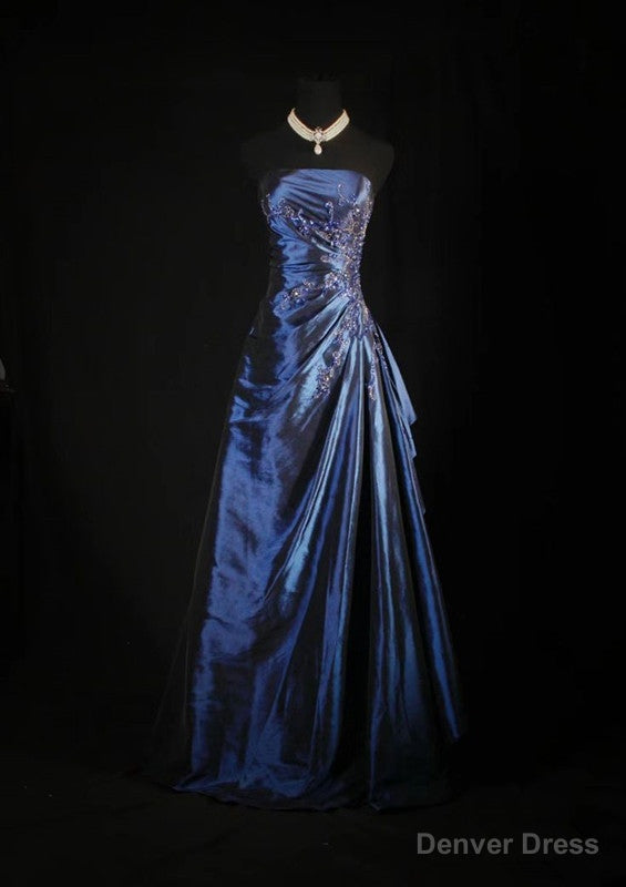 Vintage Ball Gowns Strapless Navy Blue Satin Long Prom Dress