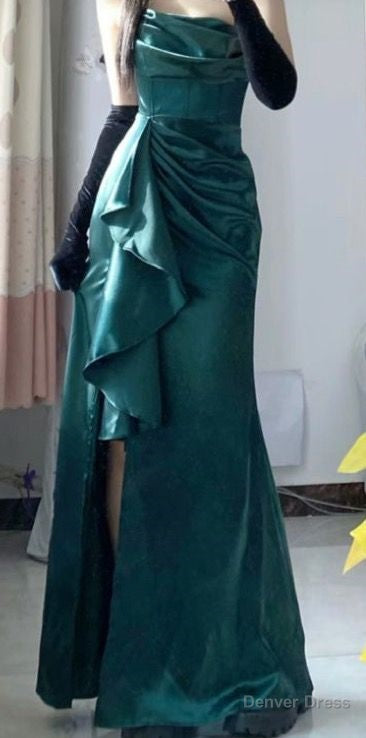 Pretty Sheath Strapless Floor Length Ruffles Slit Green Satin Prom Dresses Main image