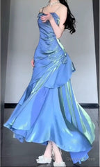 Blue Satin Long Straps Prom Dress Wine Red A-line Party Dress