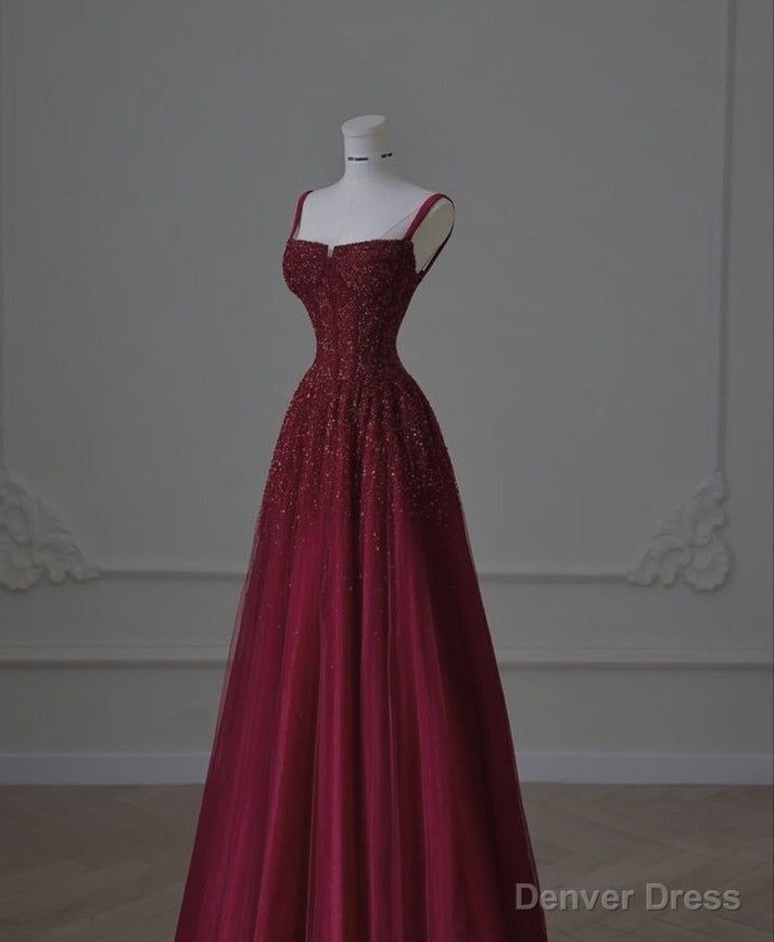 Retro A Line Straps Sequin Burgundy Long Prom Dress