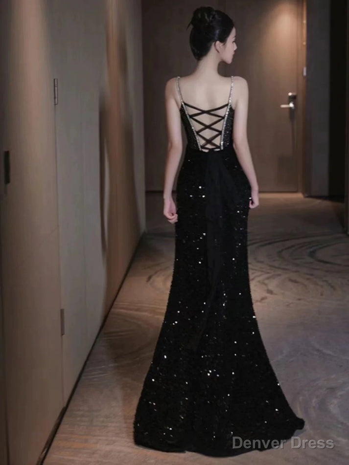 Black Sexy Mermaid Spaghetti Straps Sequin Long Prom Dresses