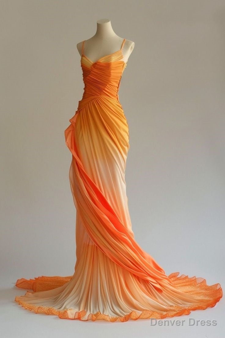 Retro A Line Spaghetti Straps Orange Ombre Chiffon Long Prom Dress Main image